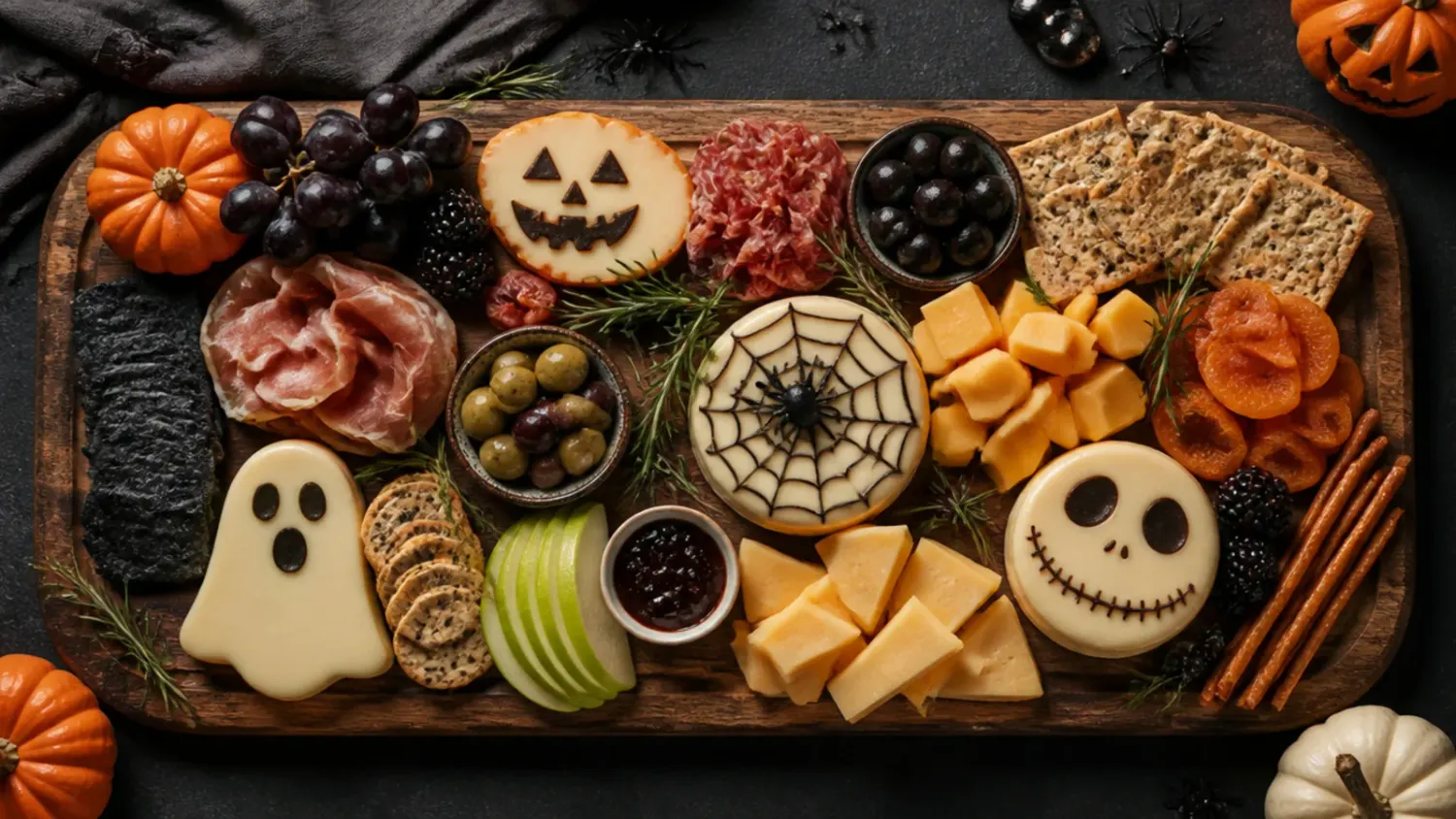 An easy Halloween charcuterie board arranged on a black wooden platter with orange, black and purple foods including cheese, salami roses, pretzels and grapes