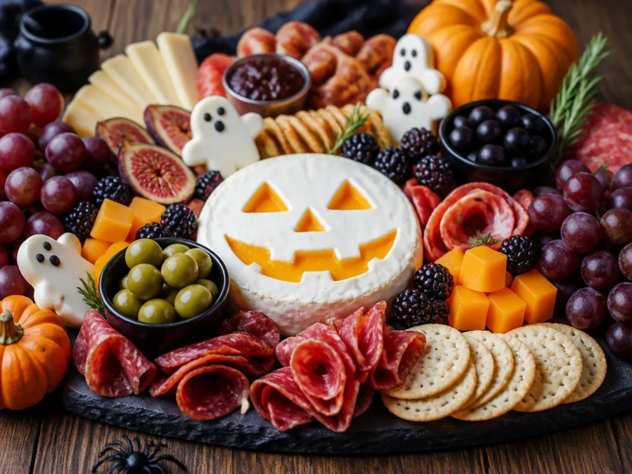 Overhead shot of a finished Halloween charcuterie board with cured meats, cheeses, crackers and Halloween-themed garnishes
