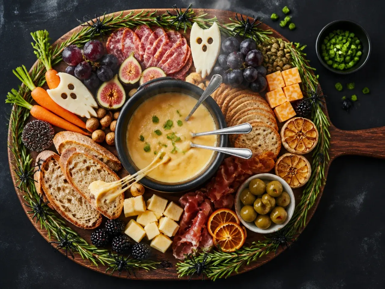 Classic Halloween charcuterie board with salami cones, cheddar cheese and orange grapes
