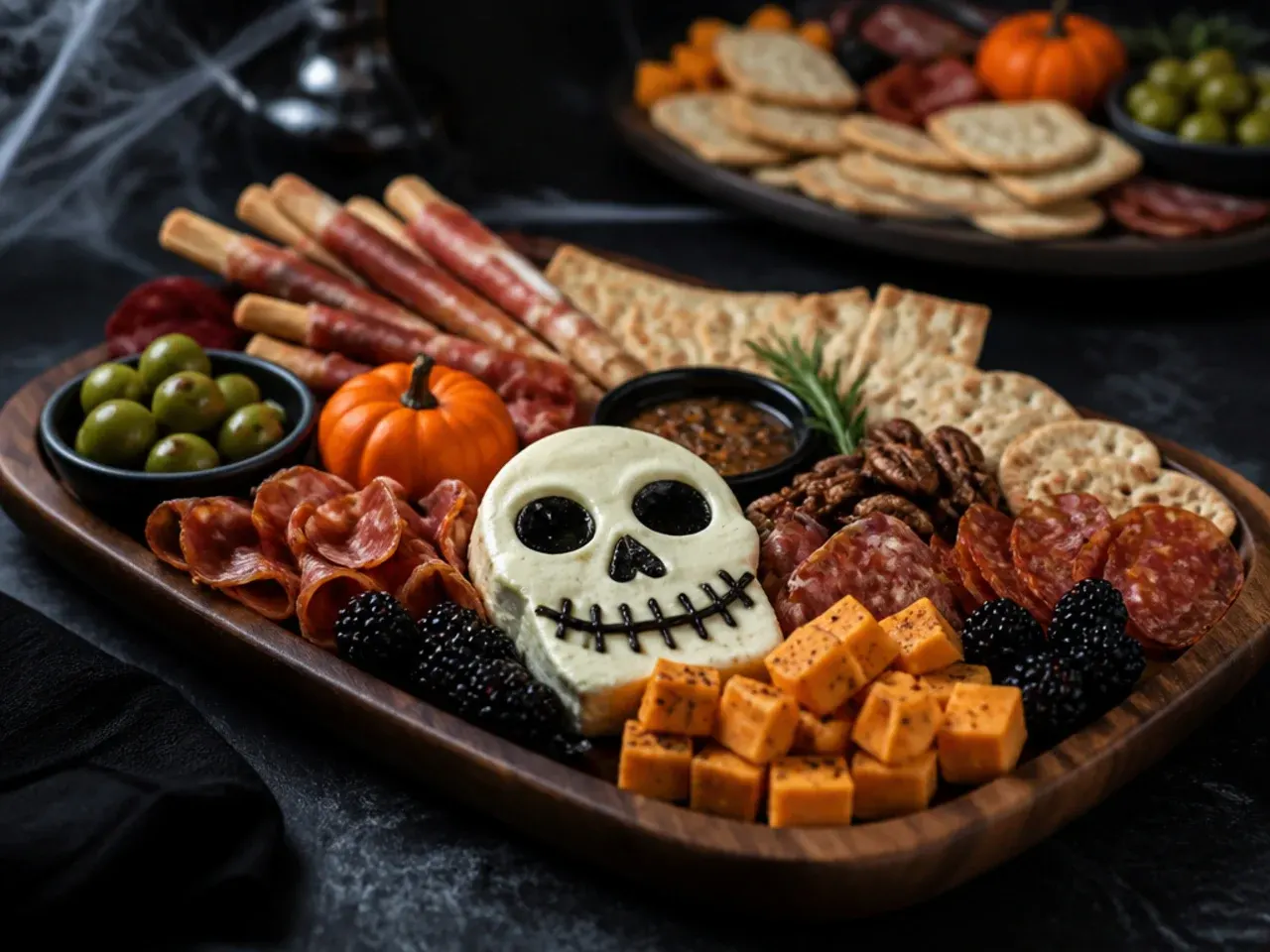 Simple no-fuss Halloween charcuterie board with pre-sliced meats and cheeses