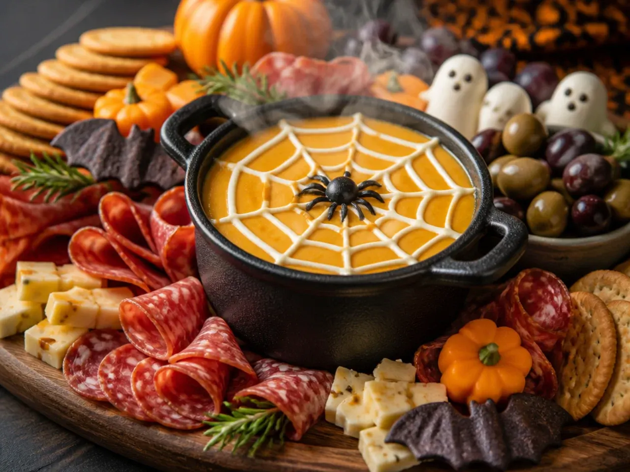 Cozy autumn Halloween charcuterie board with brie, cinnamon apples and chutney