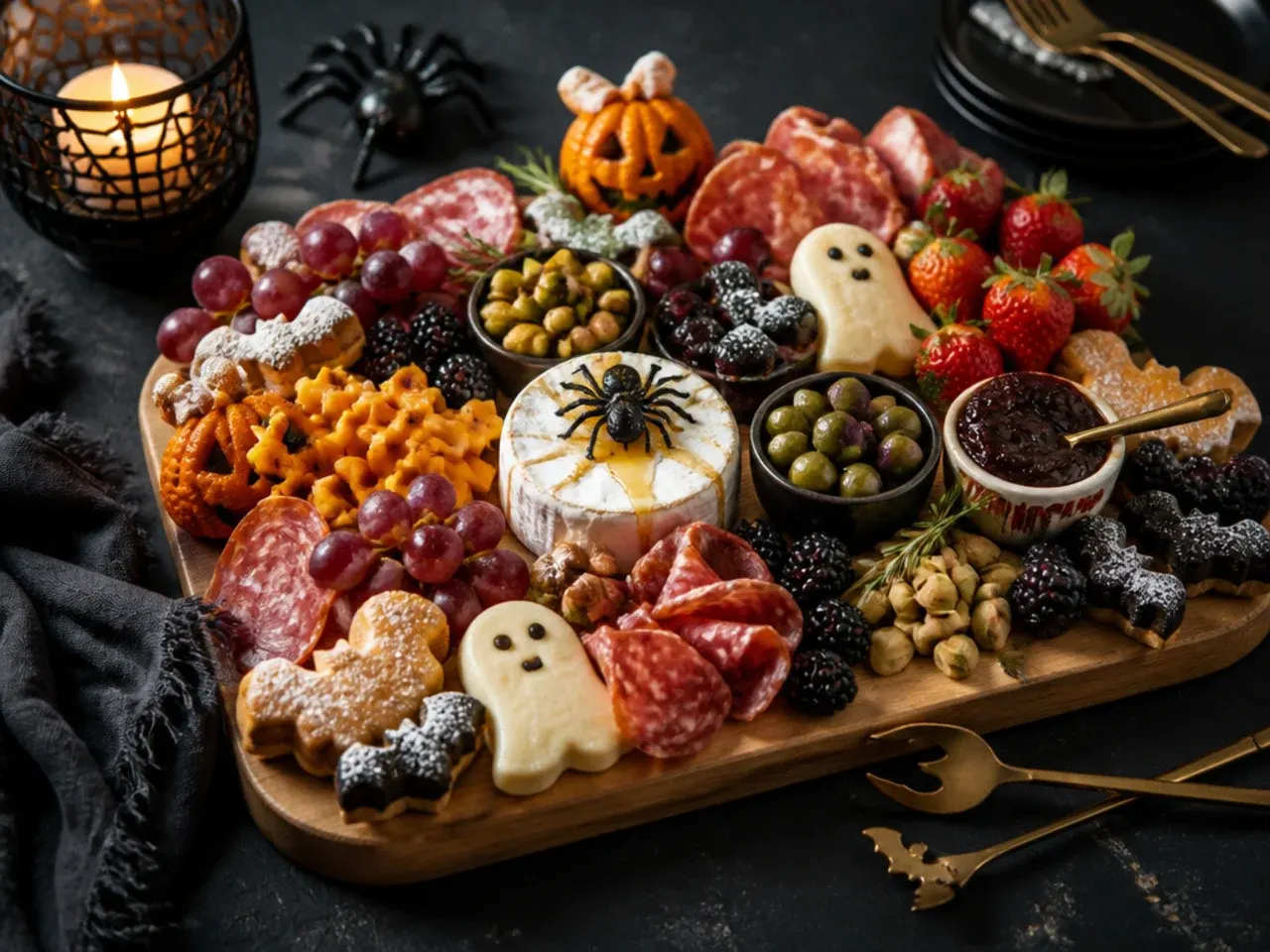 Simple minimalist Halloween charcuterie board with three meats and two cheeses