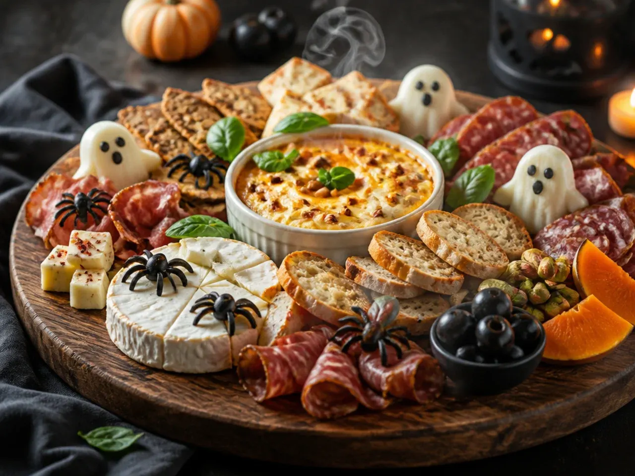 Creamy Halloween charcuterie board with brie, goat cheese and honey drizzle