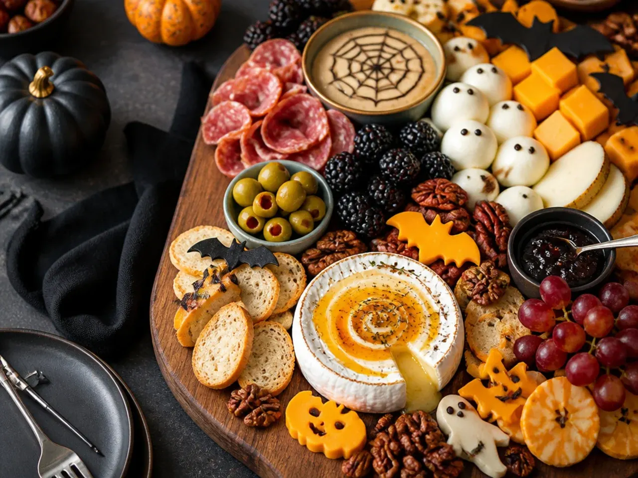 Loaded Halloween charcuterie board covering a full table with meats, cheeses, dips and fruit