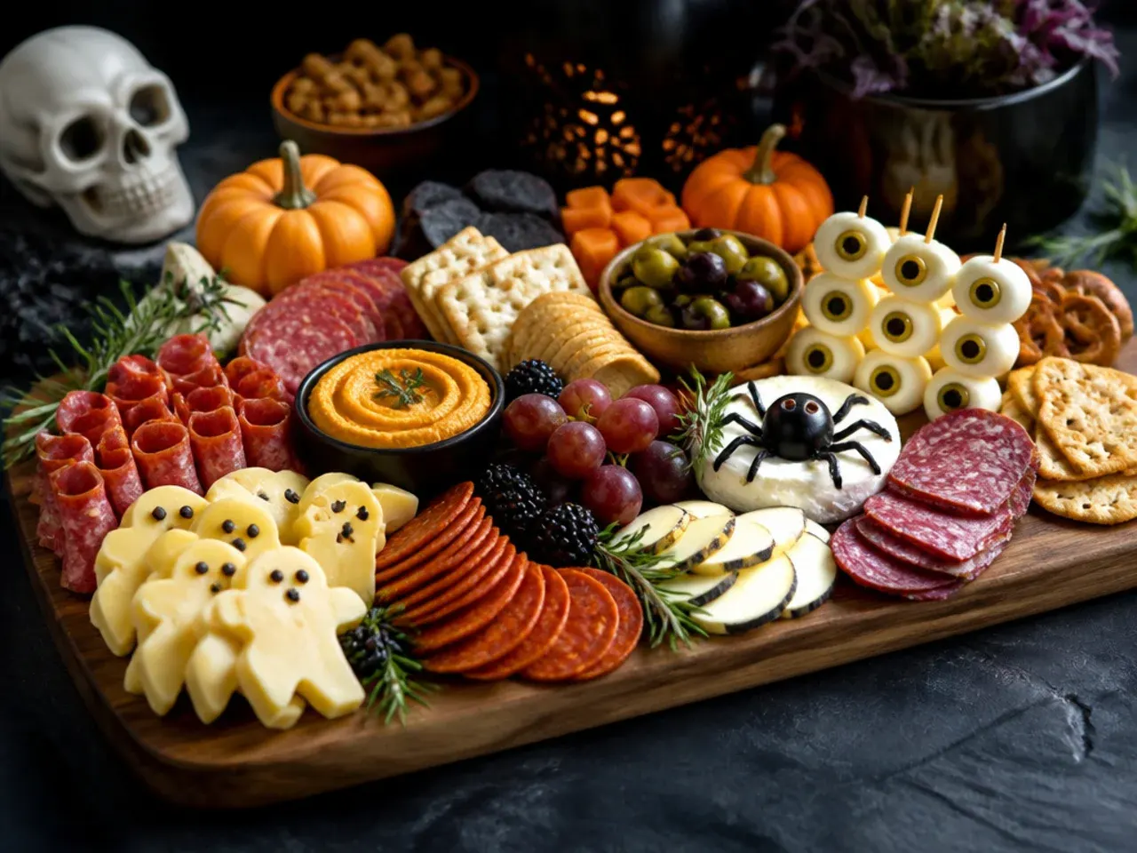 Best-ever Halloween charcuterie board with pumpkin-shaped cheese ball as centerpiece