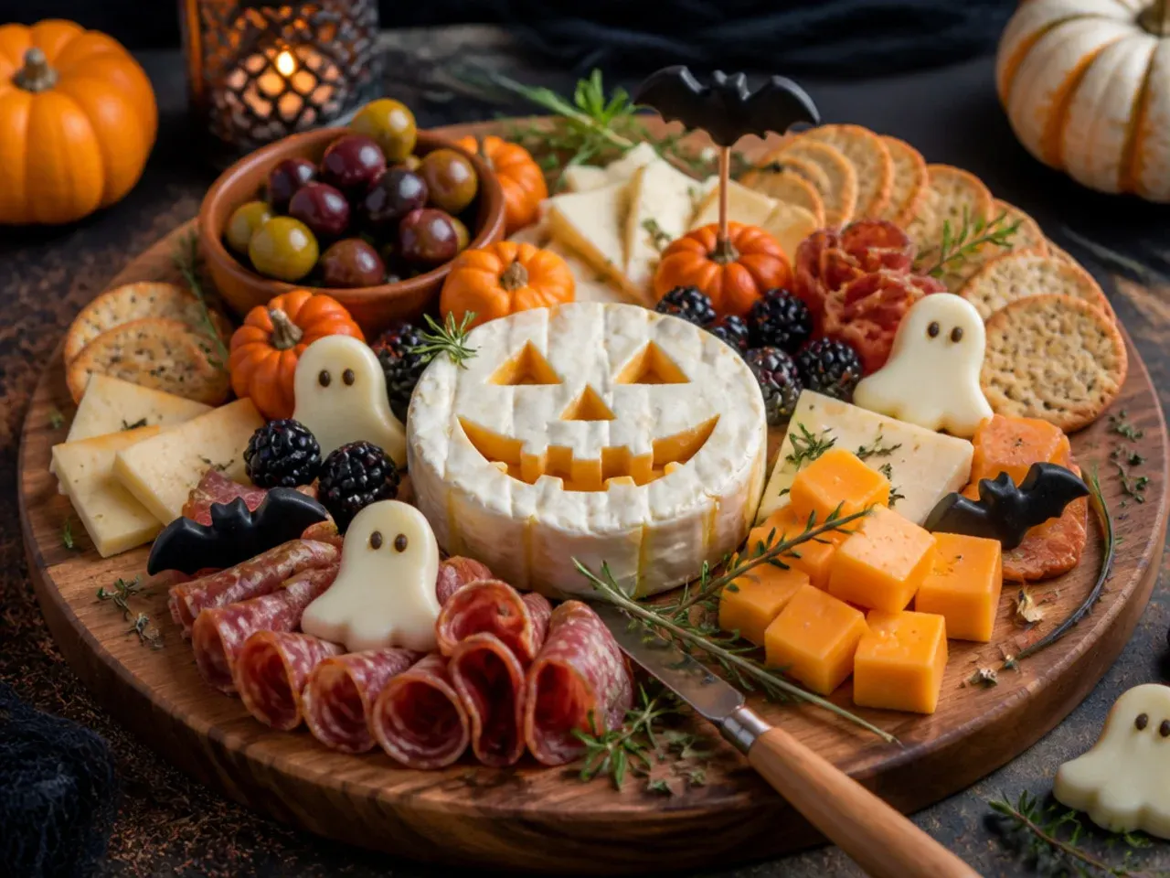 Cheesy Halloween charcuterie board with five cheese varieties cut into spooky shapes
