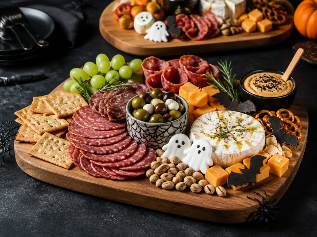 Crowd-pleasing Halloween charcuterie board with mild, family-friendly foods