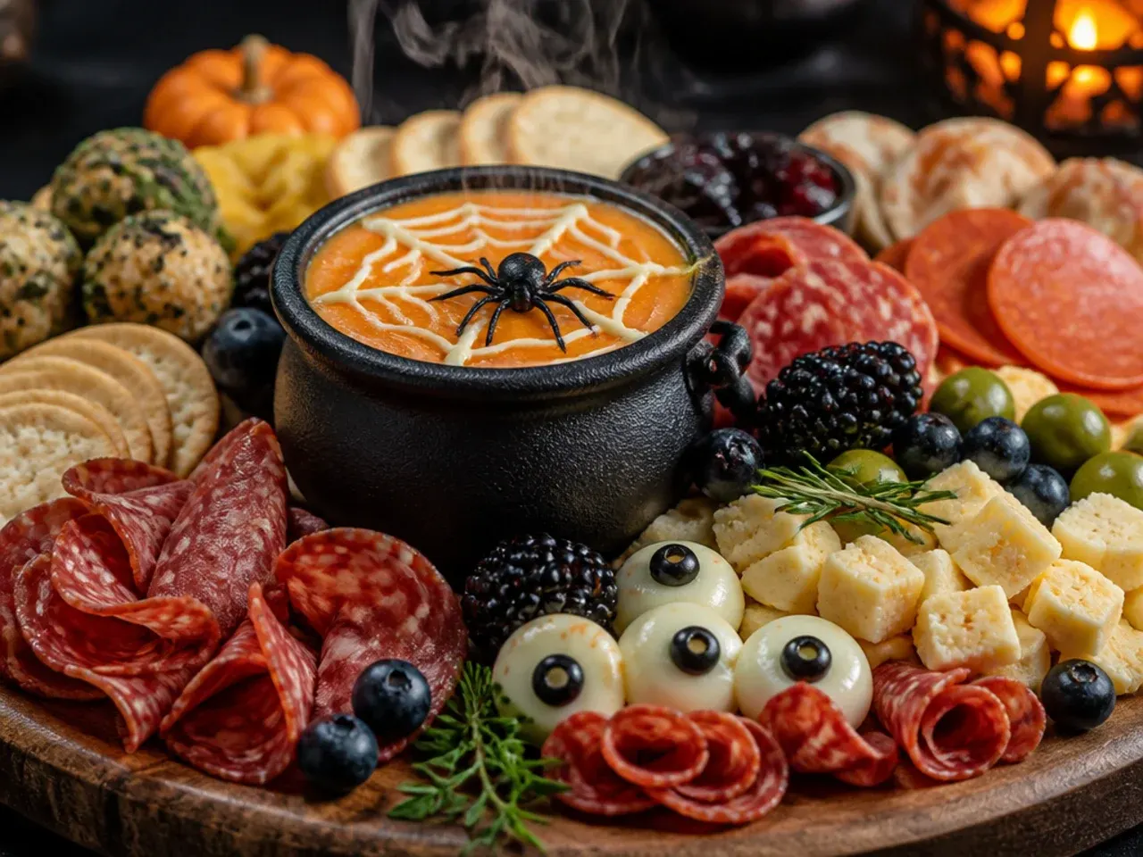 Make-ahead Halloween charcuterie board covered with cling film in the fridge