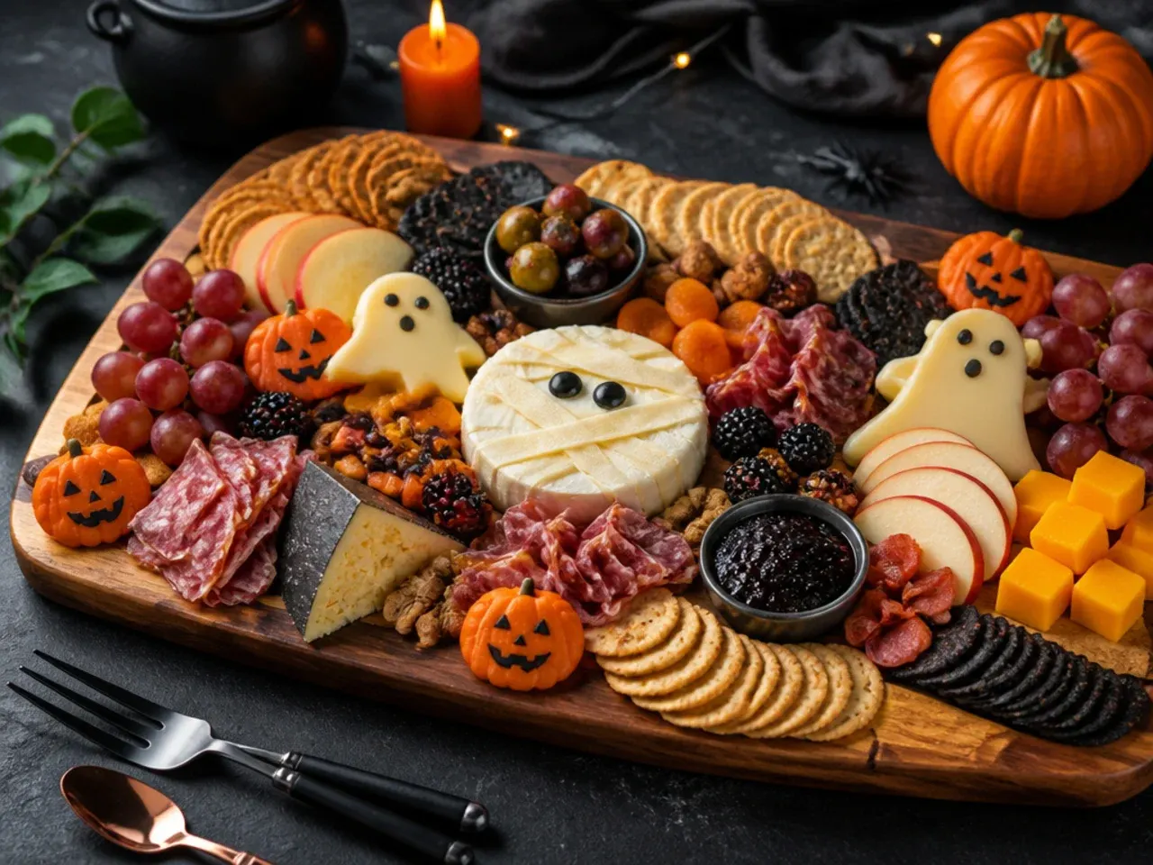 Family Halloween charcuterie board with mummy cheese skewers for kids