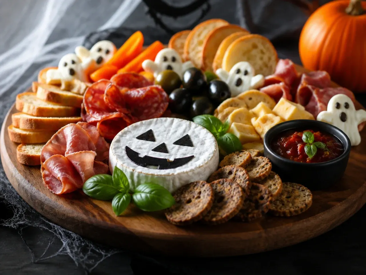 Festive Halloween charcuterie board styled with black, orange and purple color scheme