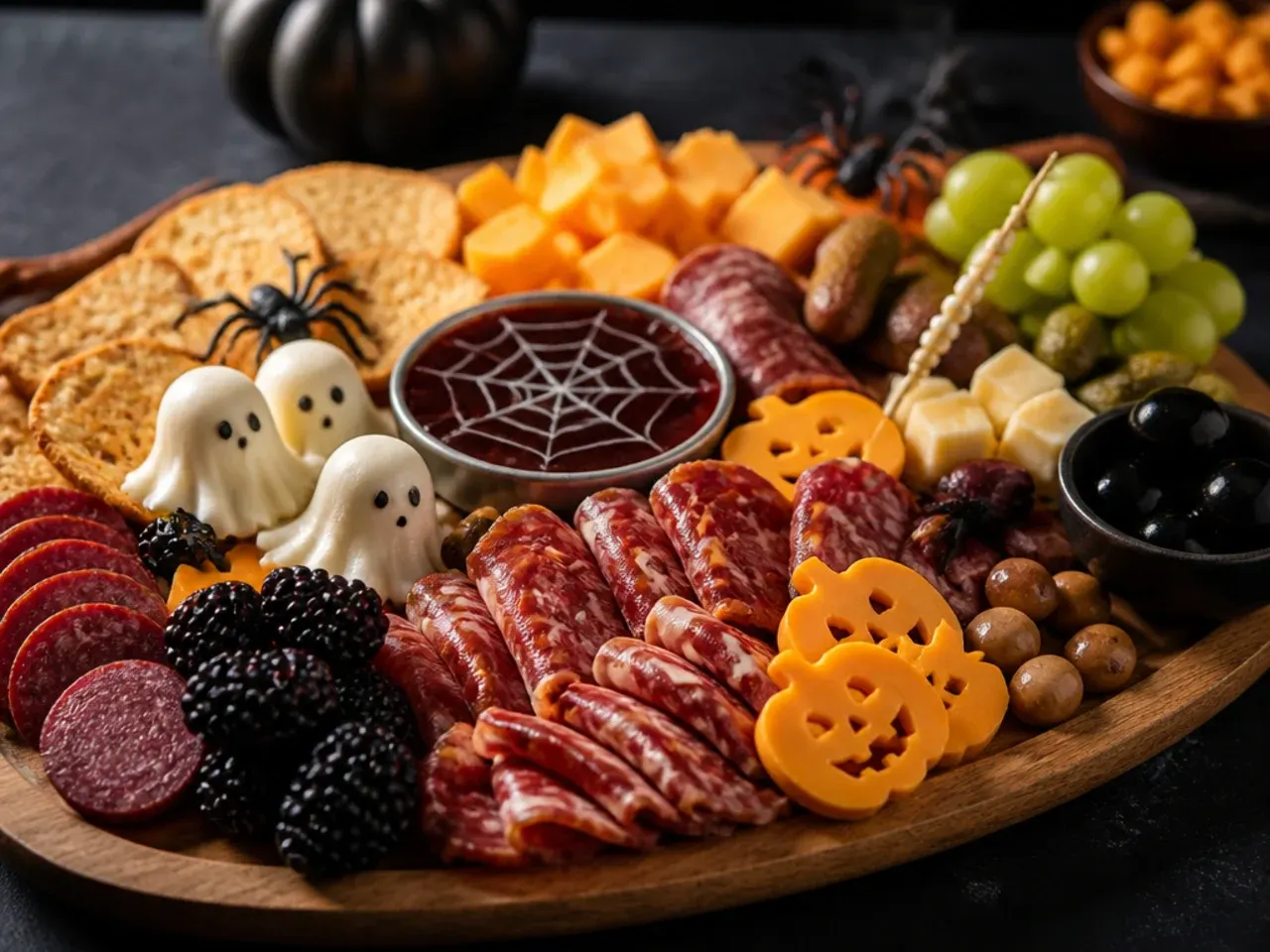 Homemade Halloween charcuterie board with bone-shaped cheese straws and orange hummus