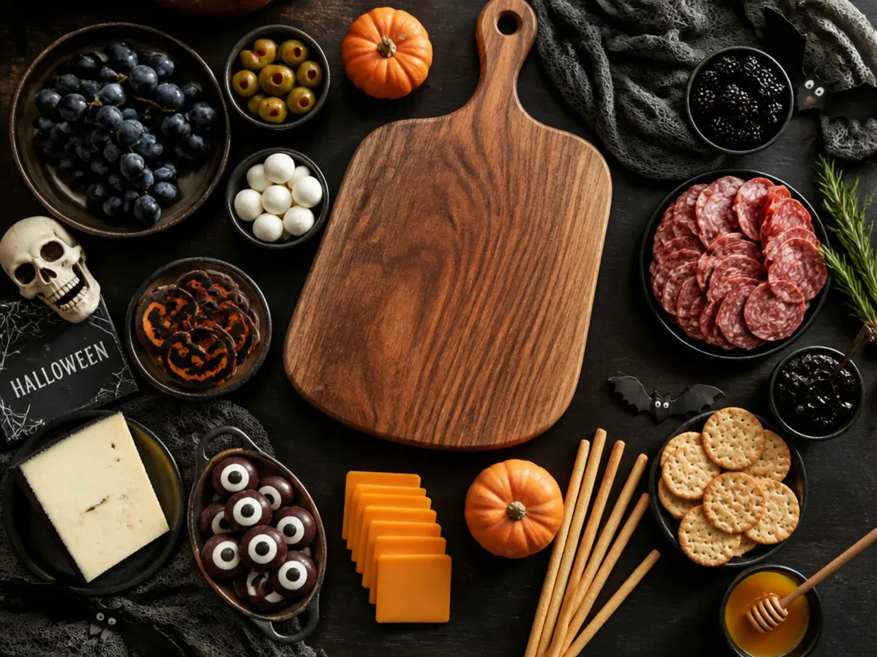 Close-up of hands arranging a Halloween charcuterie board showing folded meat technique