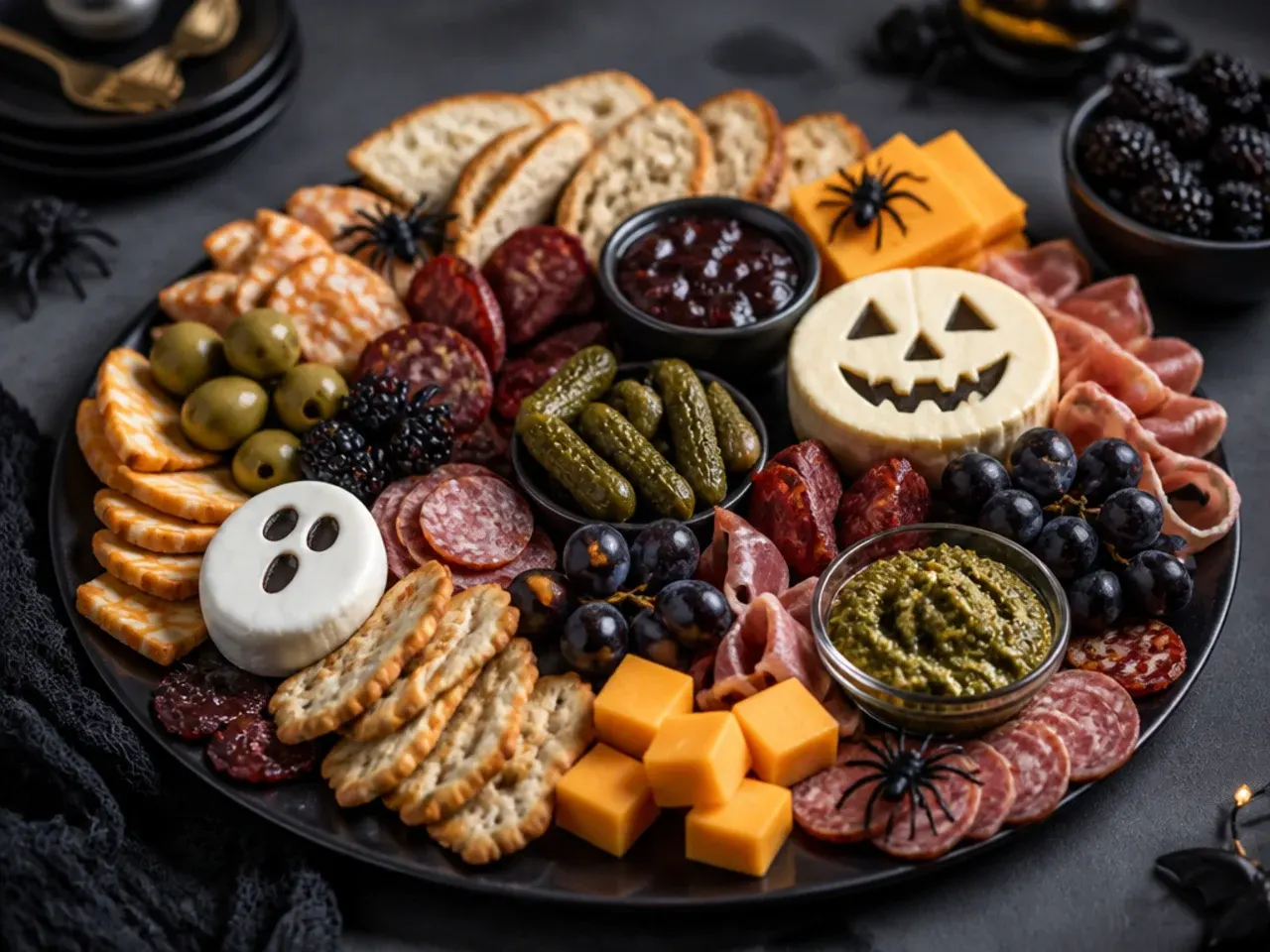 Halloween charcuterie board served alongside spiced apple cider at a party