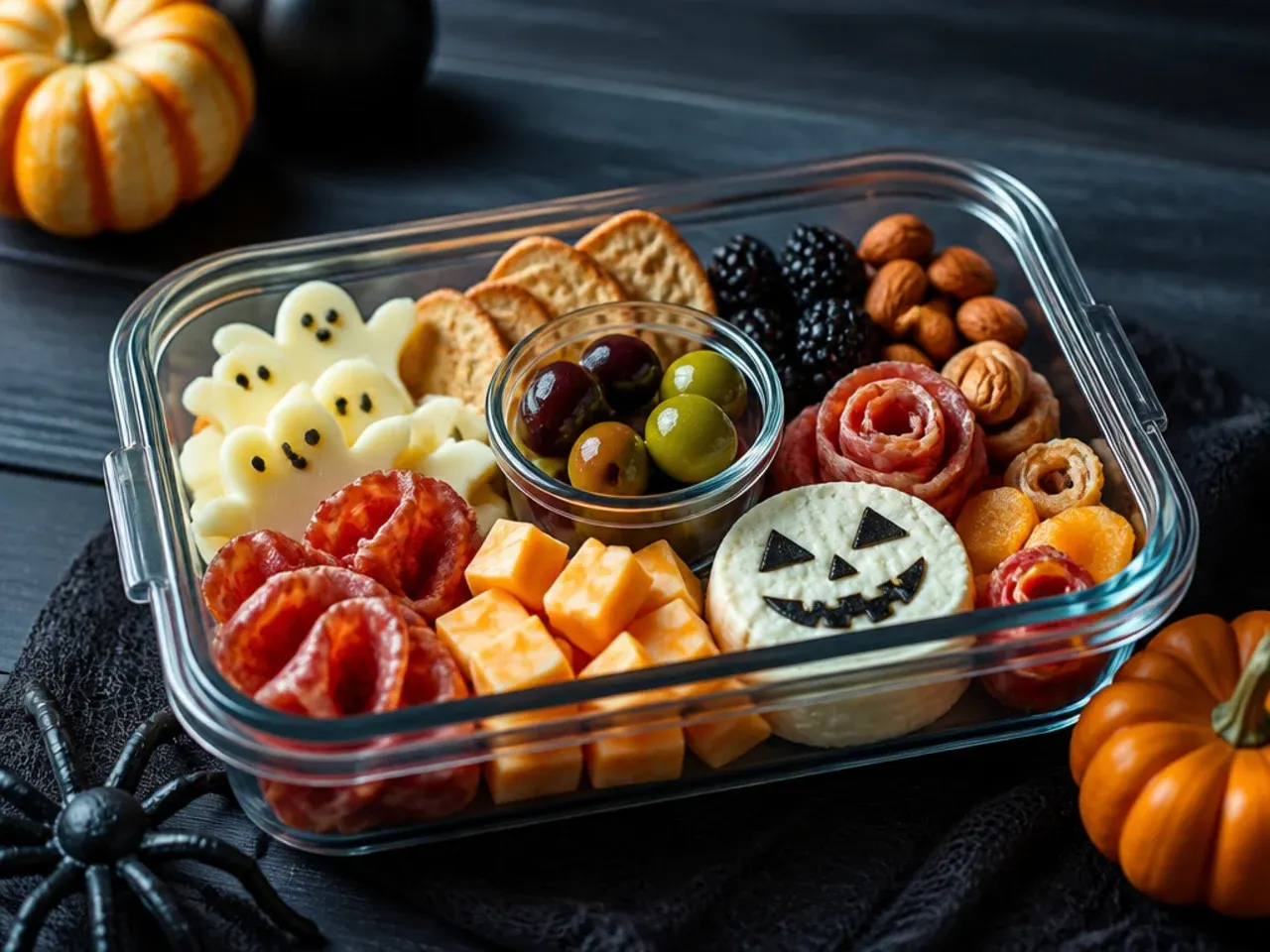 Leftover Halloween charcuterie board ingredients stored in the refrigerator