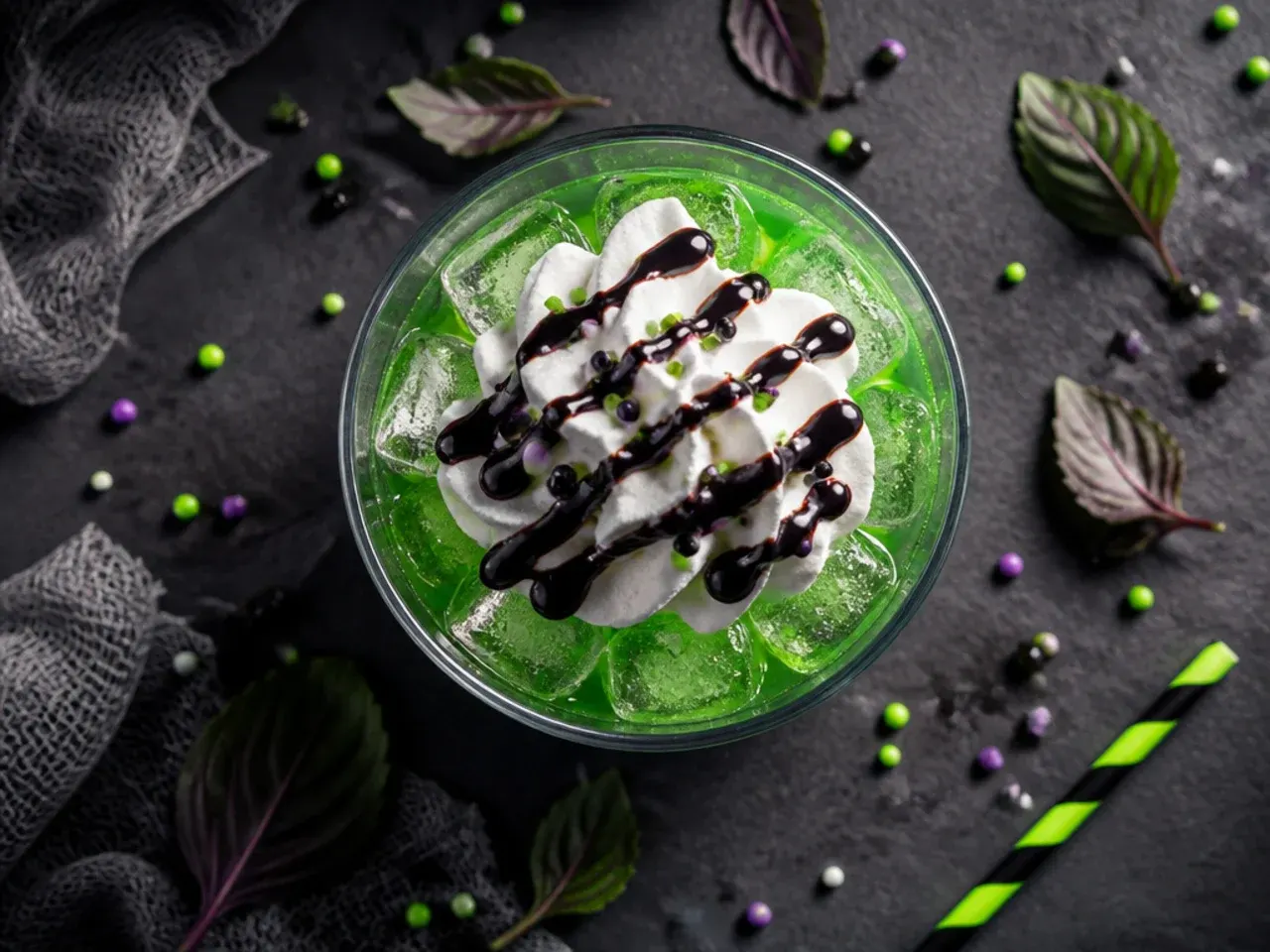 Green witches' brew punch with lime sherbet foaming in a glass punch bowl