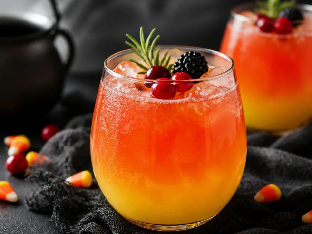 Striped orange, yellow, and white candy corn punch layered in a clear glass