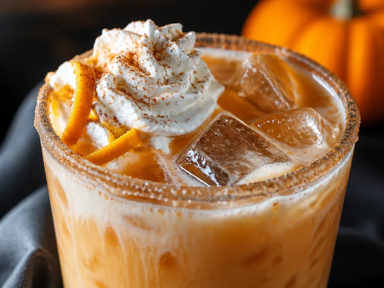 Pumpkin spice latte in a clear glass mug with foam and cinnamon dusting on top