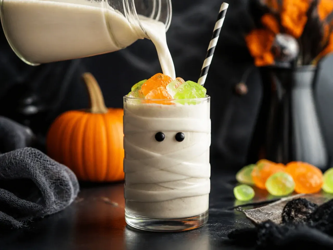 Vanilla mummy milkshake in a glass wrapped with white chocolate drizzle bandages and candy eyes