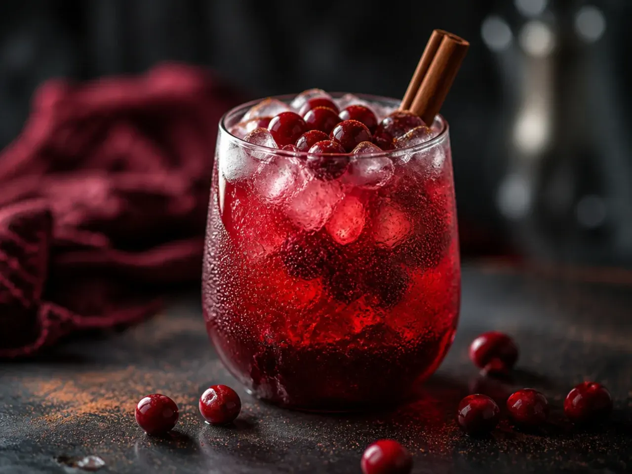 Tall glass of red vampire cranberry fizz with a sugared rim and lime wheel