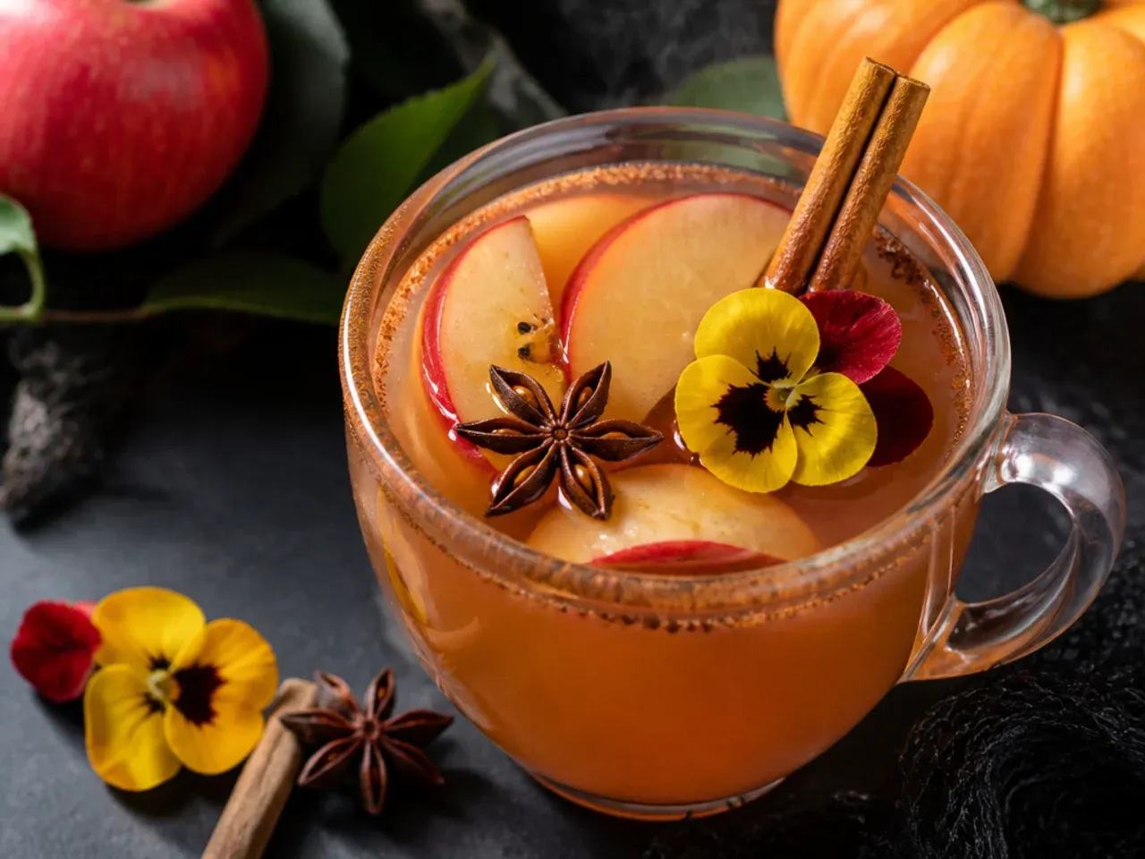 Mug of spiced apple cider with cinnamon stick and orange slice garnish