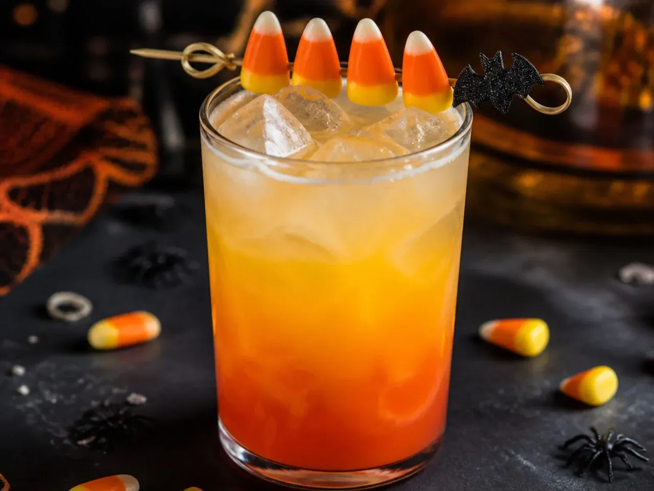 Layered orange and cream candy corn cooler with a scoop of sherbet on top
