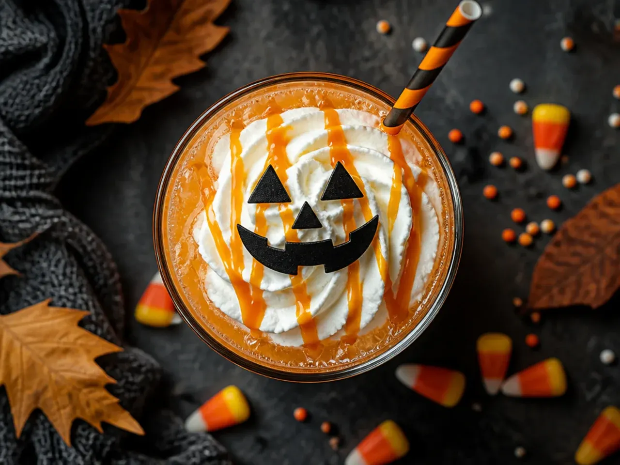 Orange jack-o-lantern fizz in a glass painted with a simple pumpkin face
