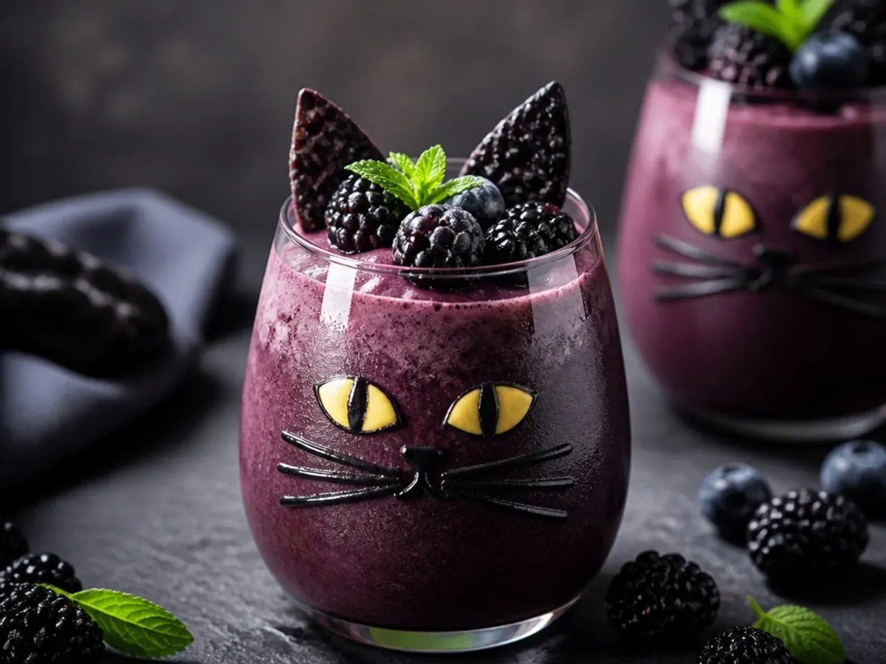 Deep purple black cat berry smoothie in a glass topped with coconut cream swirl
