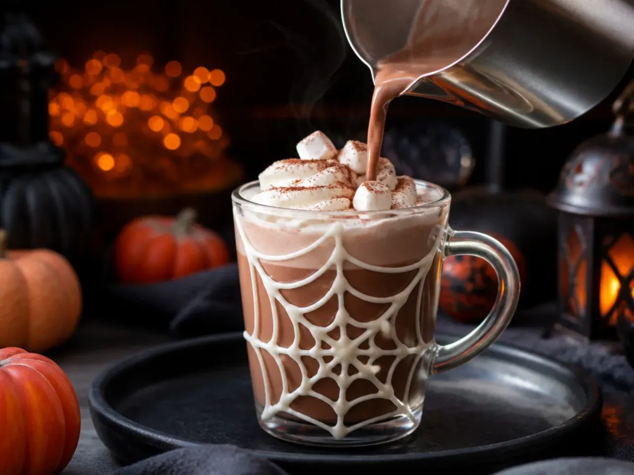 Hot chocolate topped with whipped cream and a piped white chocolate spiderweb design
