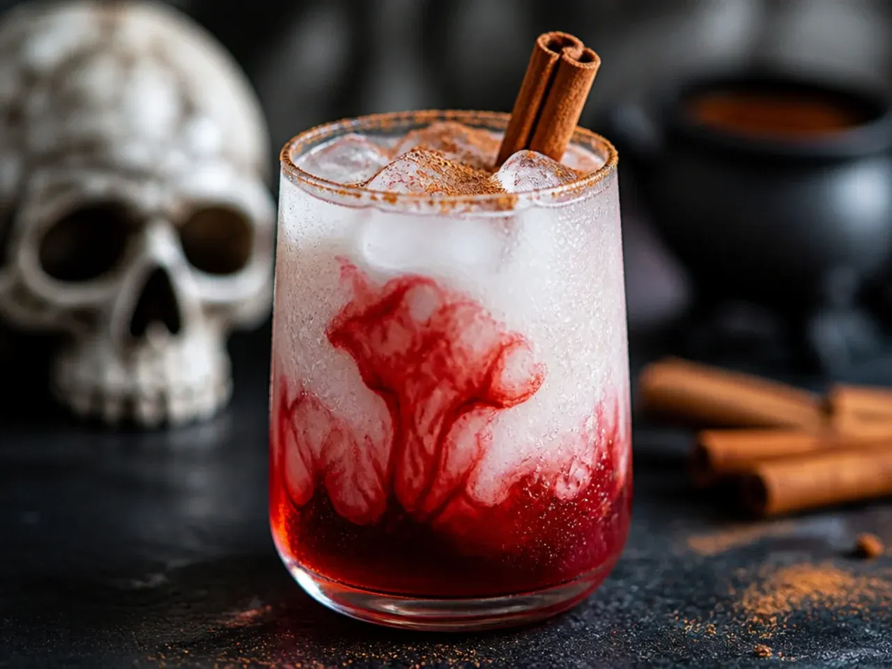 Small glass of white coconut mocktail with a red grenadine vein swirling through the centre