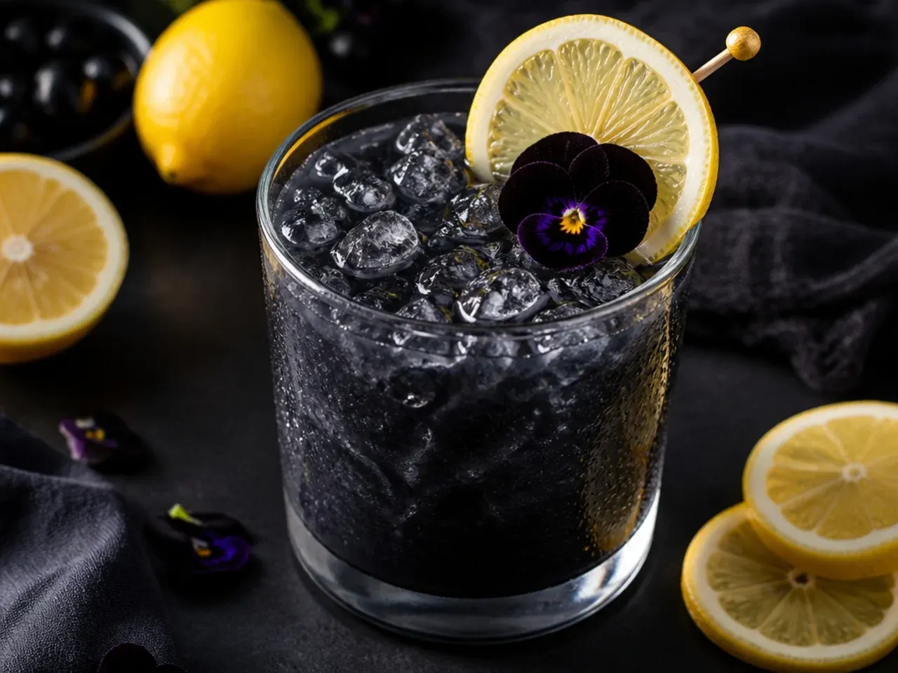 Jet black charcoal lemonade in a glass over ice with a lemon wheel garnish