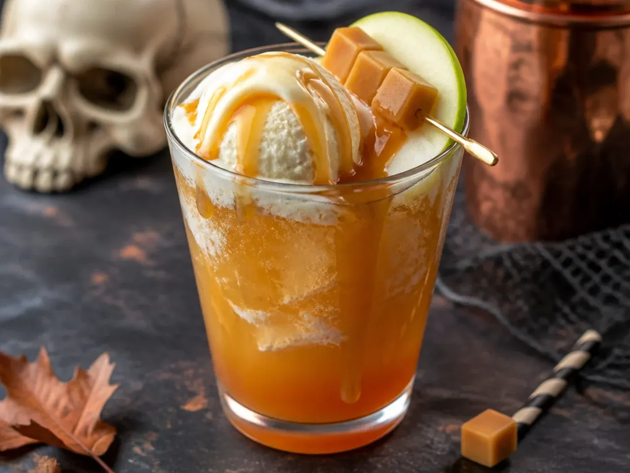 Caramel apple cider float with a scoop of vanilla ice cream melting into a warm glass mug