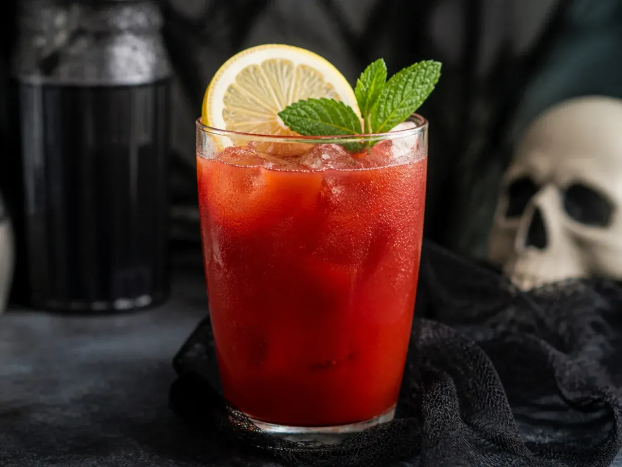 Iced virgin bloody mary mocktail garnished with a celery stalk and olive skewer