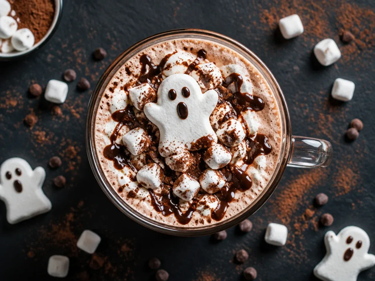 Hot cocoa mug with two marshmallow ghosts on a skewer resting across the rim