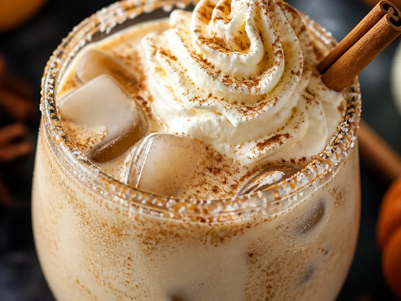 Creamy pumpkin milkshake in a glass topped with whipped cream and cinnamon