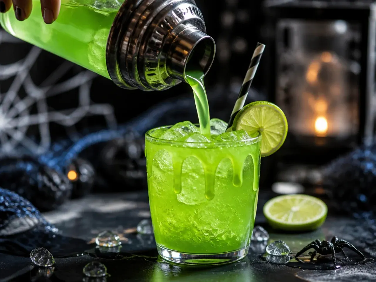 Thick green slime limeade in a glass with a striped straw