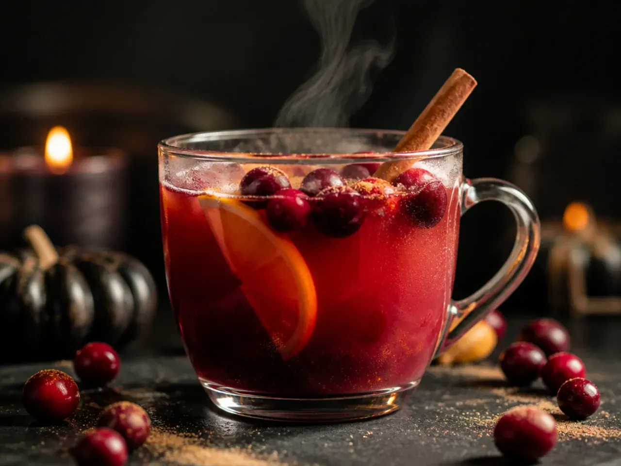Mulled cranberry mocktail in a glass mug with floating cranberries and orange slice