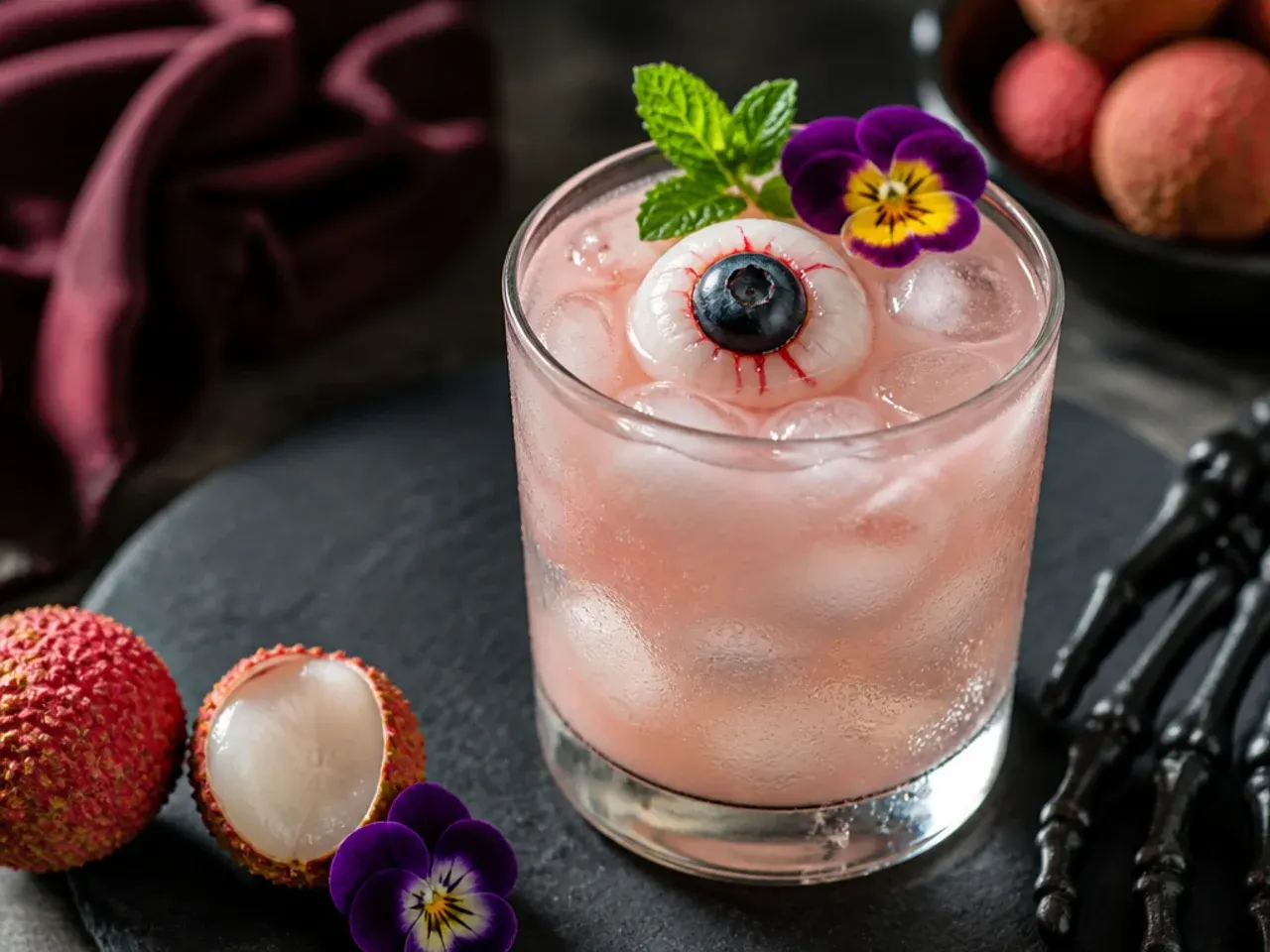 Lemon-lime soda float with lychee eyeballs and blueberry pupils floating on top