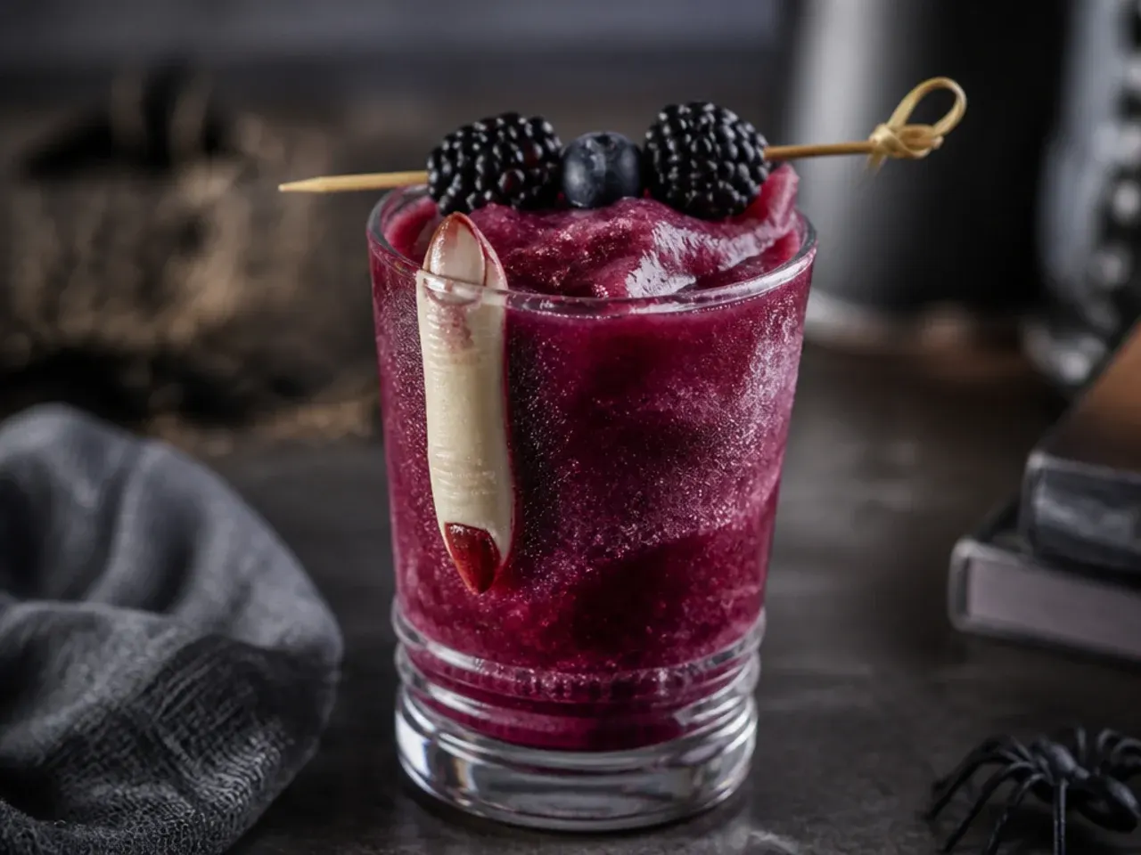Red berry slush in a glass with a frozen banana witch's finger garnish resting on the rim