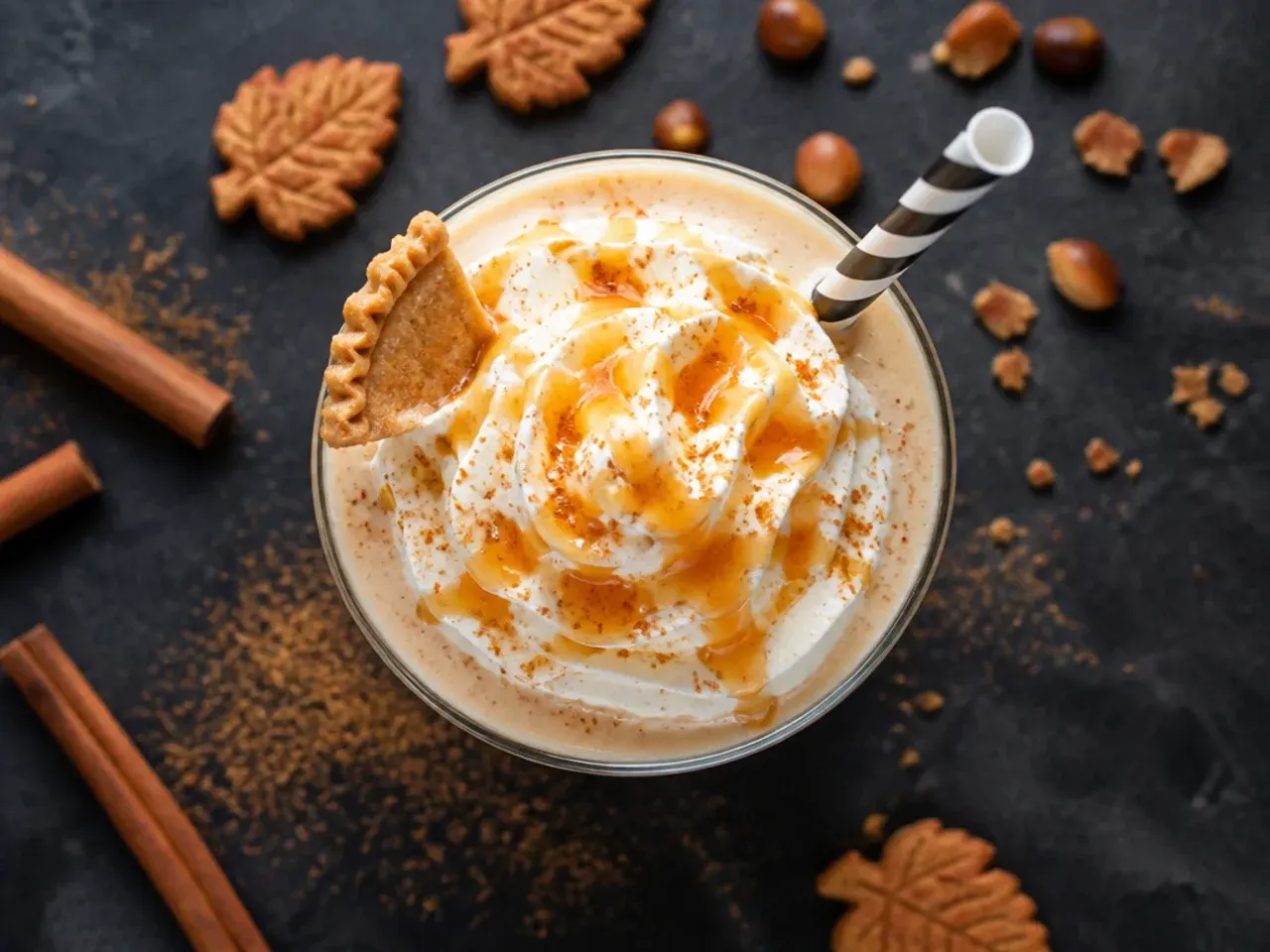 Pumpkin pie milkshake in a glass topped with whipped cream and crushed graham cracker