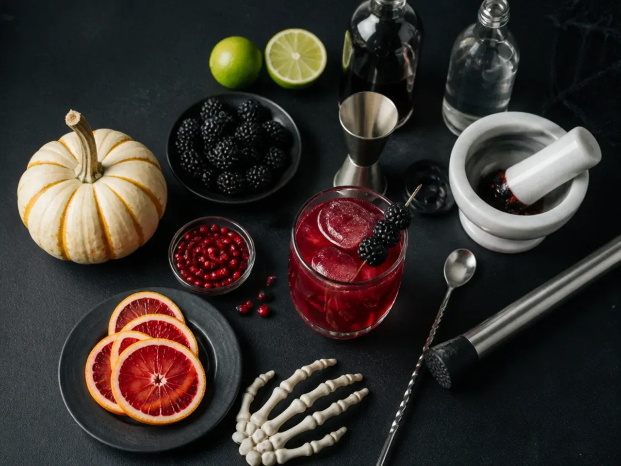 Bartender's hands preparing a layered Halloween drink using a spoon to pour slowly