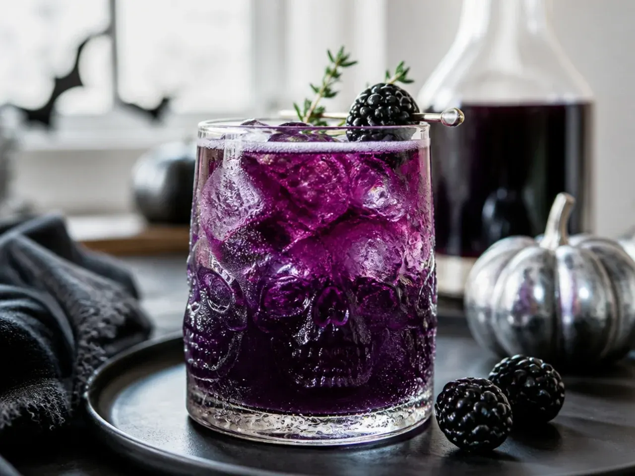 Halloween drinks table with candy eyeball garnishes, sugared rims, and labelled name tags
