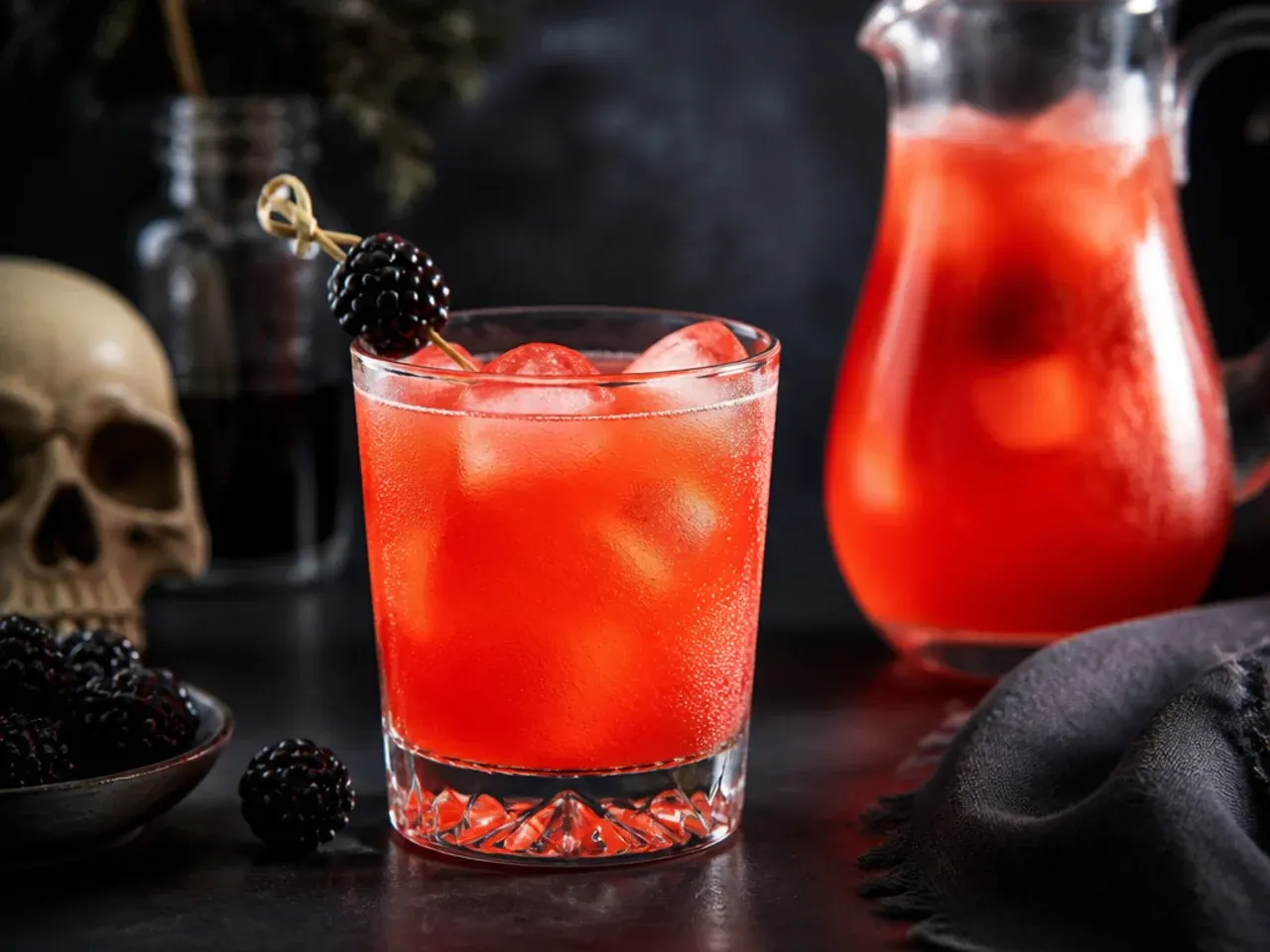 Pitchers of pre-made Halloween drink bases lined up in a refrigerator ready for a party