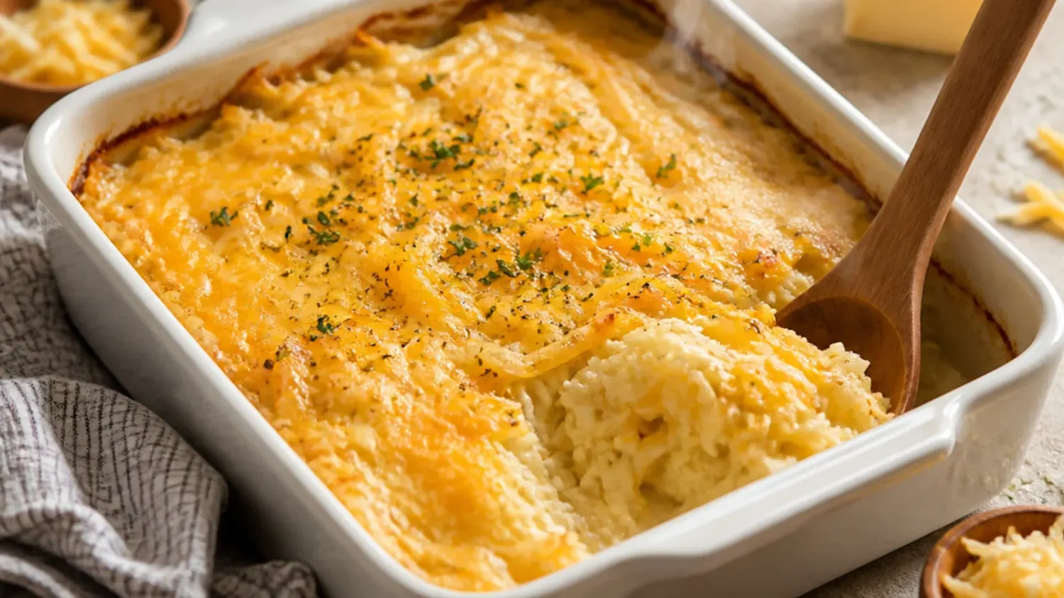 Golden baked easy hashbrown casserole with a crunchy cornflake topping in a white ceramic dish, fresh from the oven