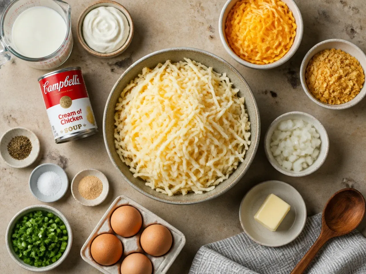 Close-up of a fork lifting a cheesy, golden-topped slice of easy hashbrown casserole