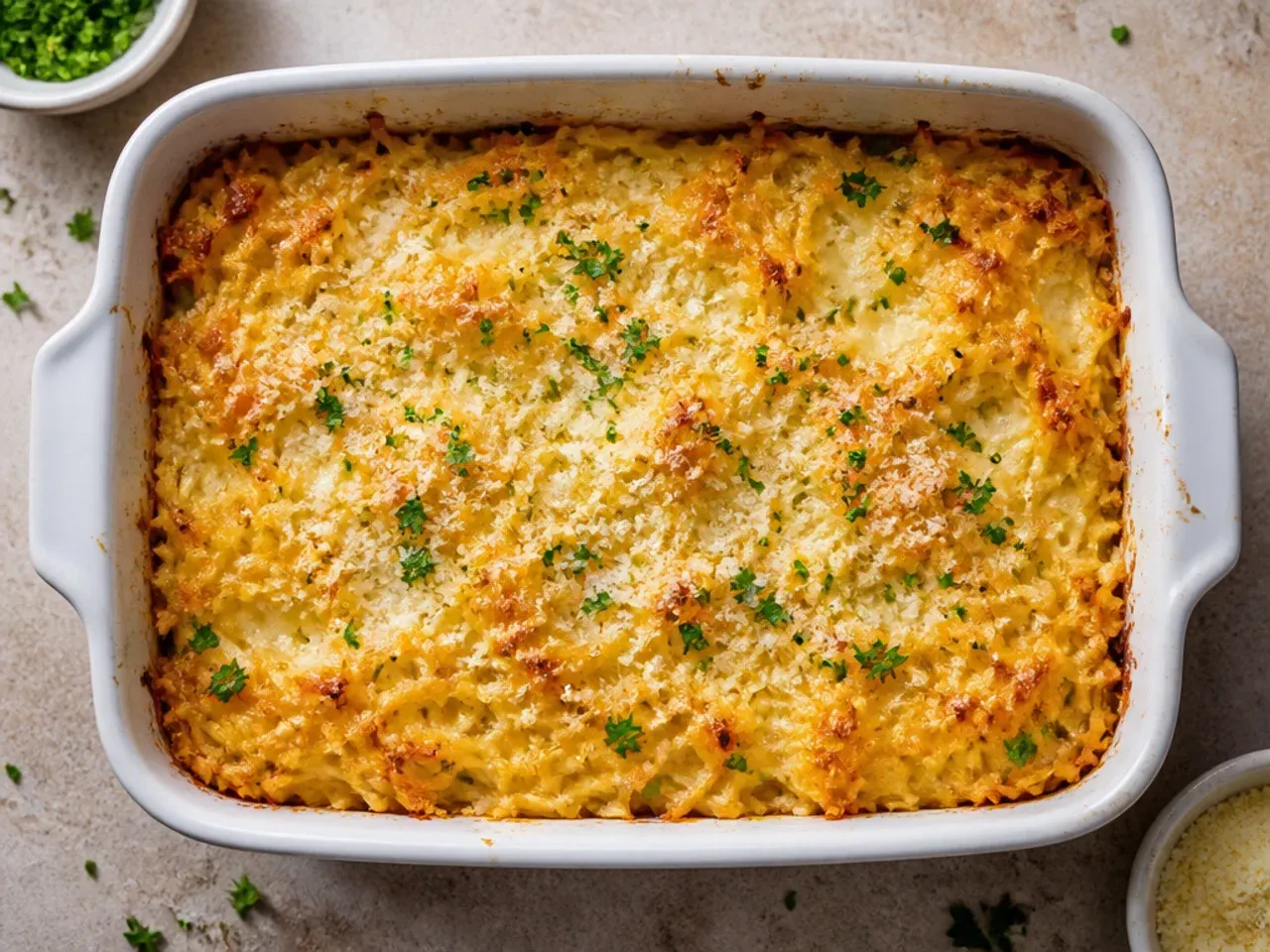 Portions of hashbrown casserole stored in a glass airtight container ready for the fridge