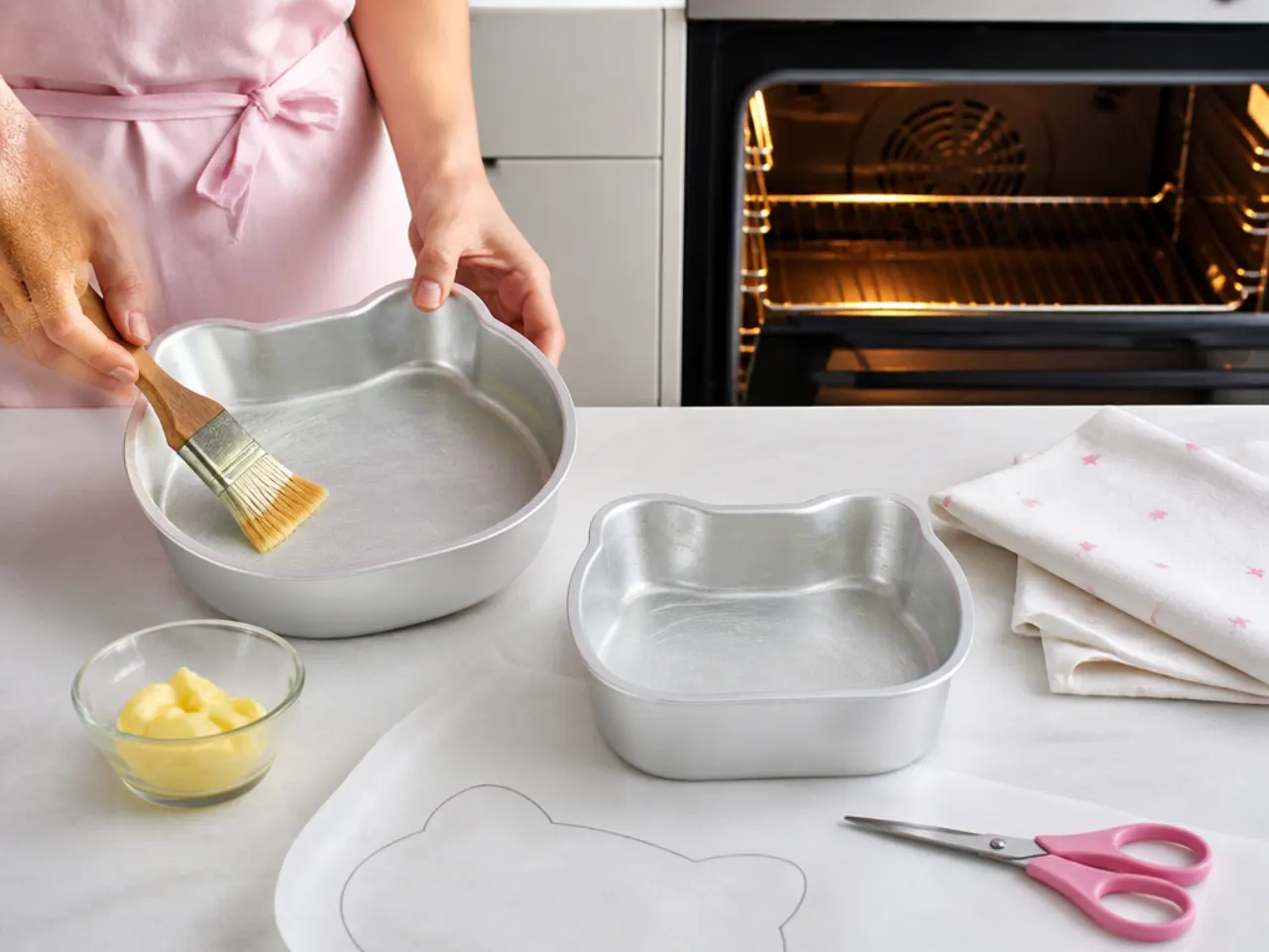 easy hello kitty cake — step 1: prep the tins and oven