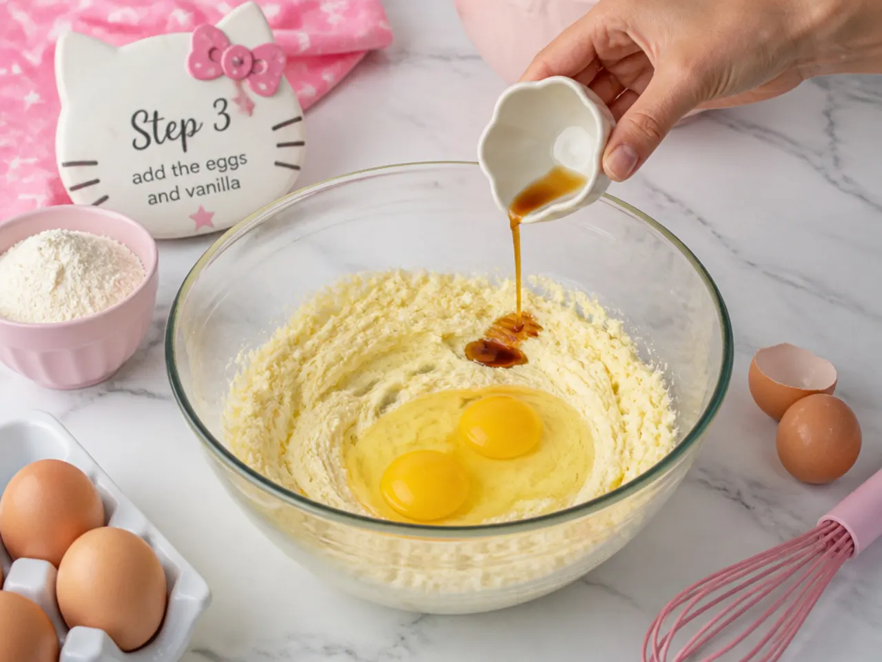 easy hello kitty cake — step 3: add the eggs and vanilla