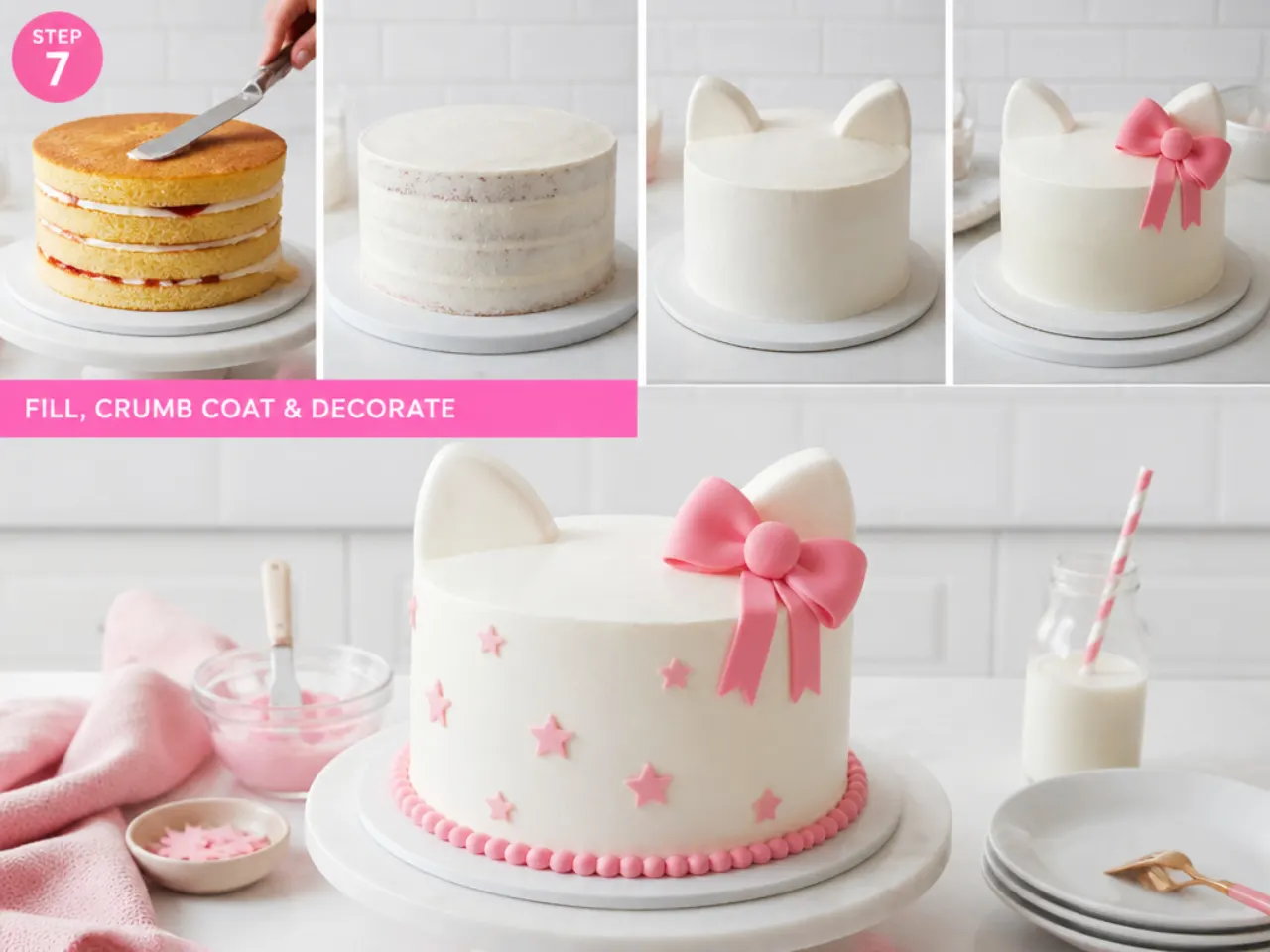 easy hello kitty cake — step 7: fill, crumb coat and decorate
