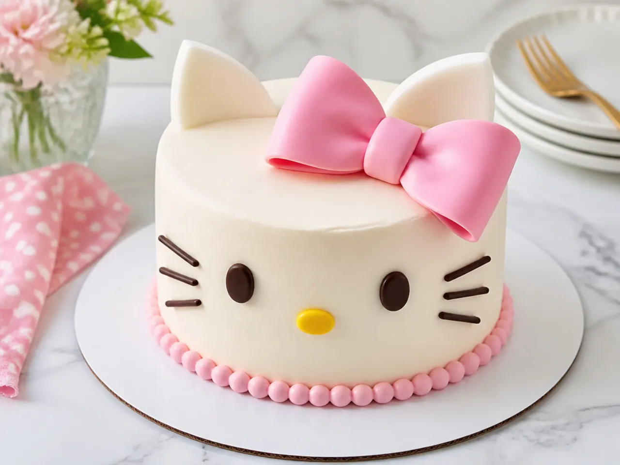 Easy hello kitty cake with white buttercream and a large pink fondant bow