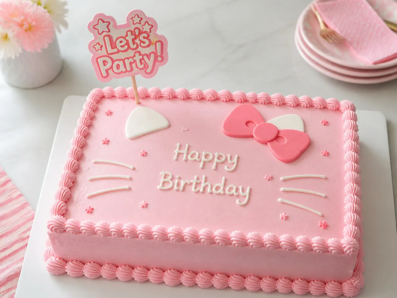 Simple hello kitty sheet cake with pink frosting, shell border and party topper